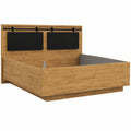 Industrielles Queensize-Bett 160x200 cm mit gepolstertem Kunstleder-Kopfteil in Eiche und Schwarz