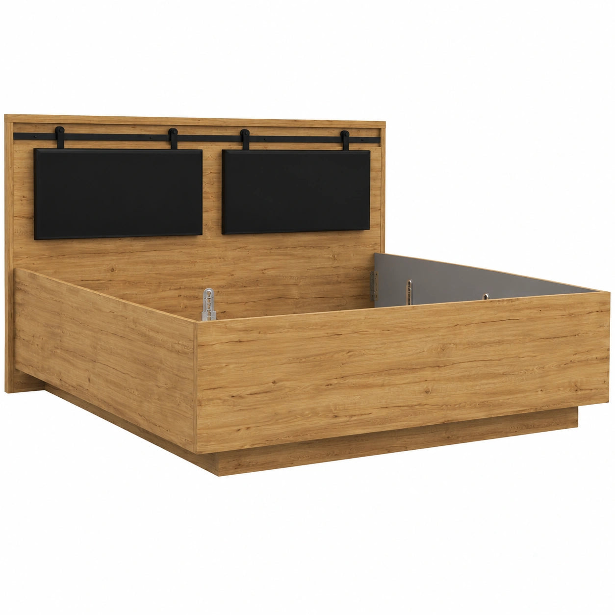 Industrielles Queensize-Bett 160x200 cm mit gepolstertem Kunstleder-Kopfteil in Eiche und Schwarz