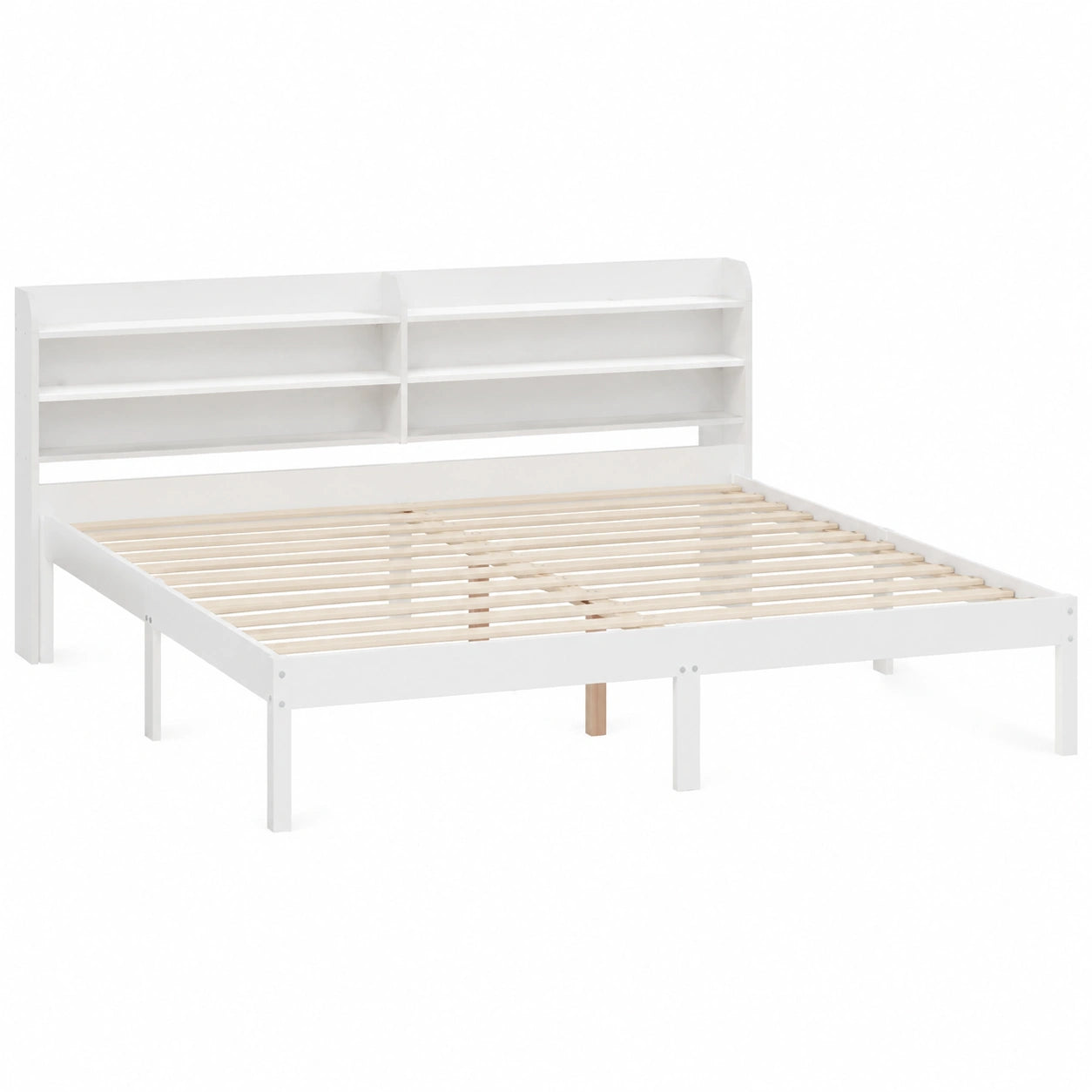 Massives 200x200 cm Holzbett mit Stauraum und Kopfteil in Weiß