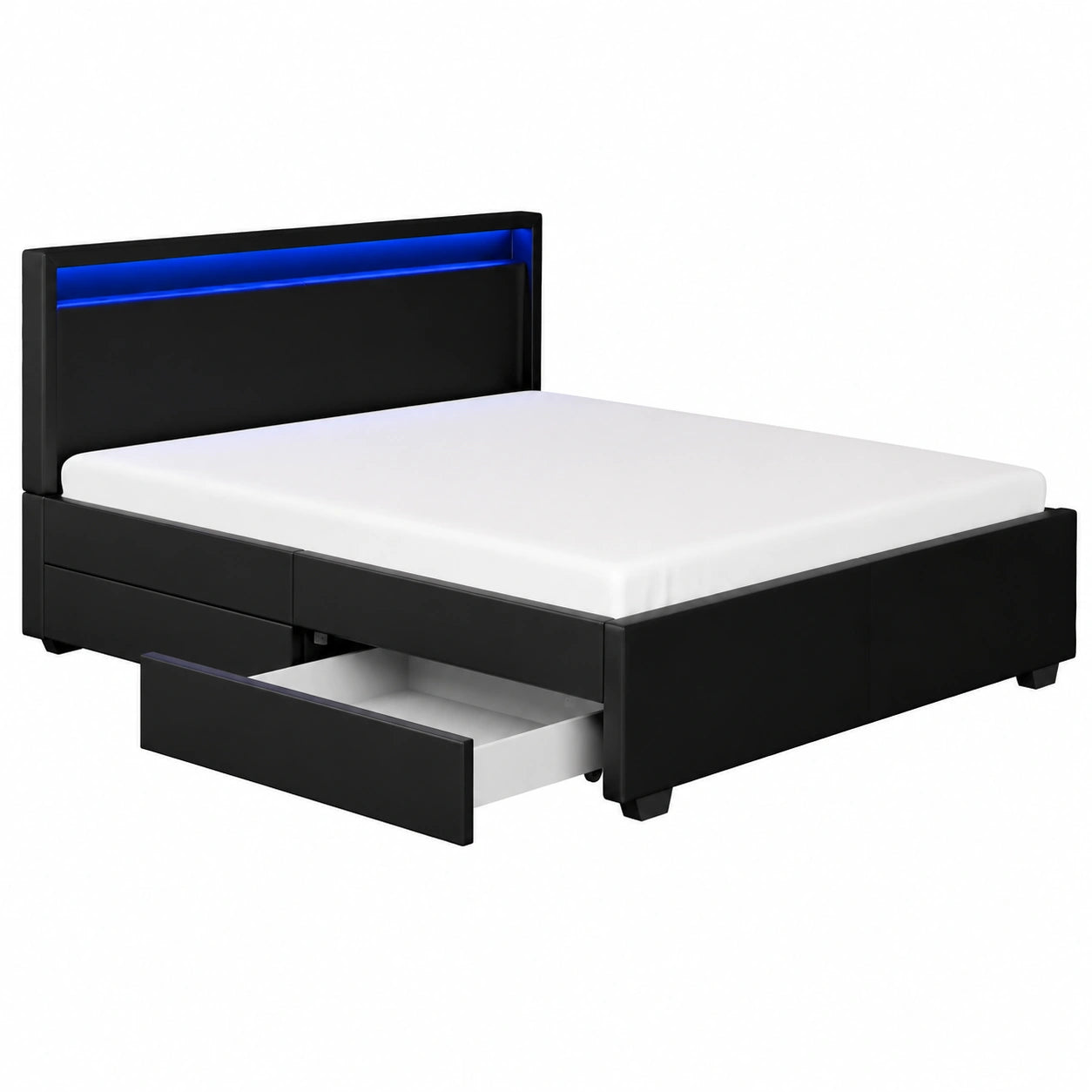 Elegantes Polsterbett Lyon 140x200 cm mit Bettkasten & LED-Beleuchtung, Stabiler Lattenrost, Schwarzes Kunstleder