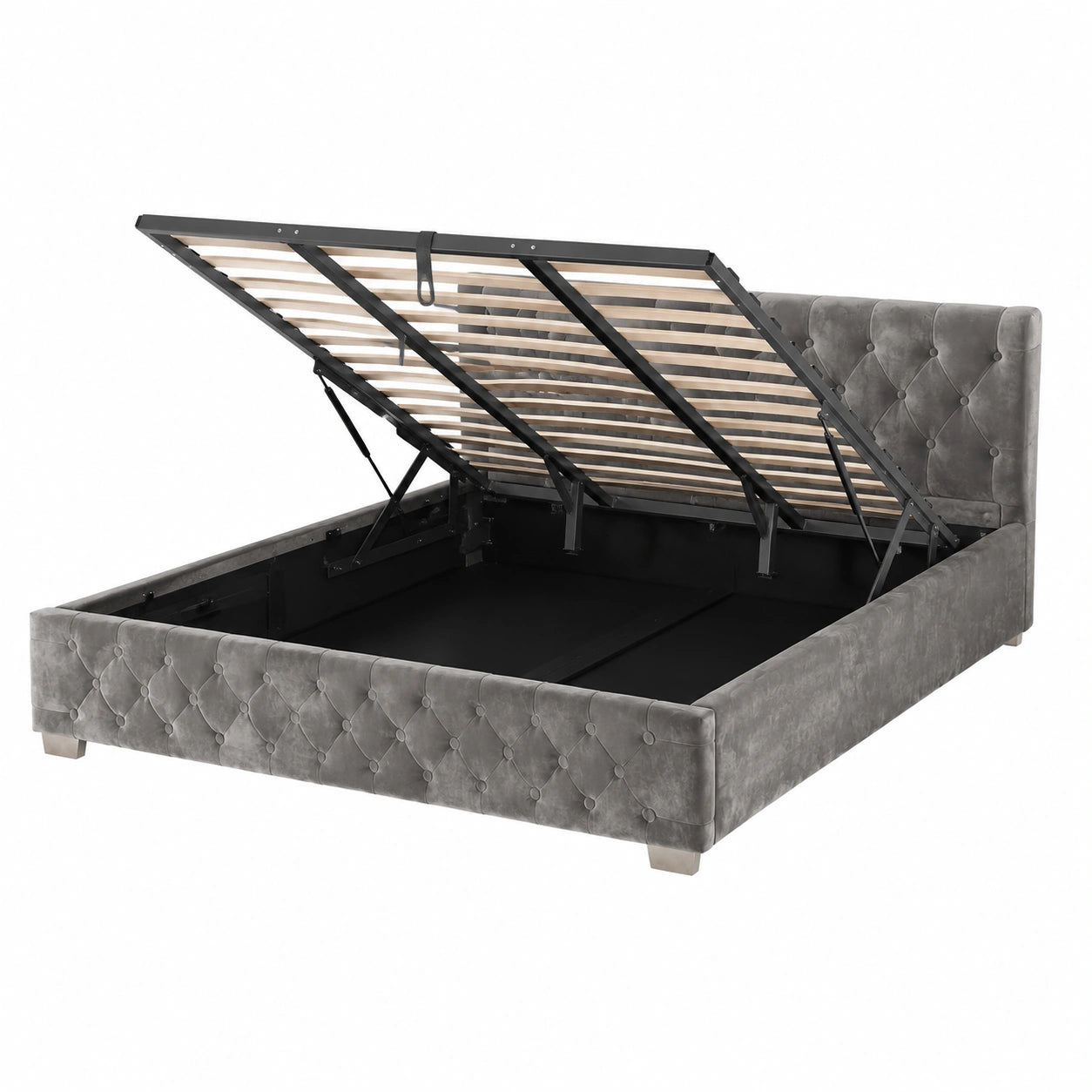 Modernes Samt-Polsterbett Nizza 180x200 cm mit Stauraum, LED & Lattenrost - Elegantes Chesterfield-Design in Grau