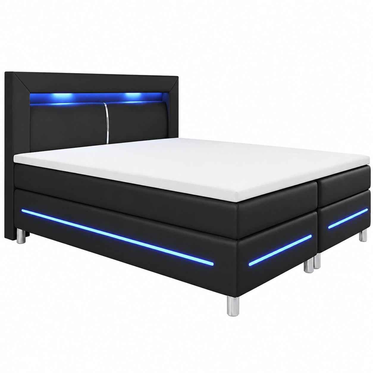 Modernes Boxspringbett Norfolk 140x200 cm mit LED, Bonell-Federkern & Topper, 66 cm Komfort, schwarz