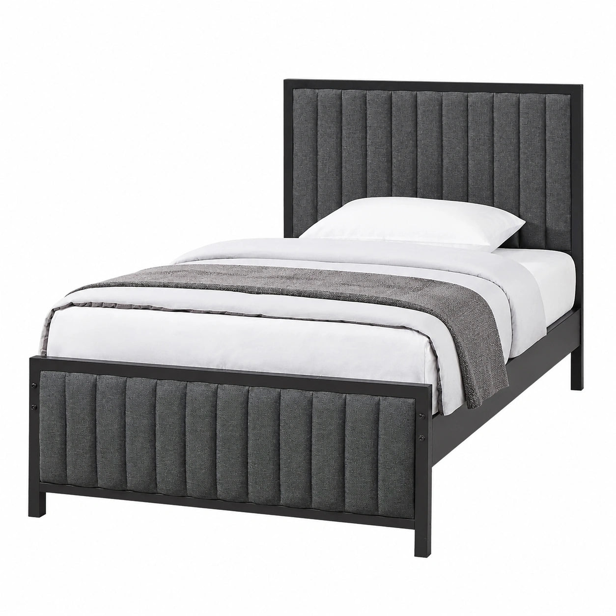 VECELO Metall-Einzelbett 90x200 cm mit gepolstertem Kopf- und Fußteil, Lattenrost, 32 cm Bodenfreiheit, graues Design