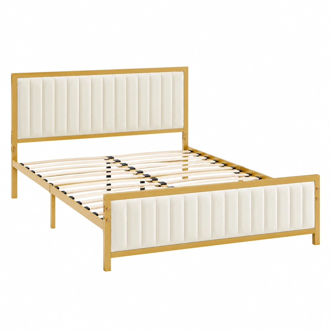 VECELO Einzelbett Metall 90x200 cm, Polsterkopfteil und Fußteil, Lattenrost inklusive, 32 cm Stauraum, Boxspringfrei, Beige