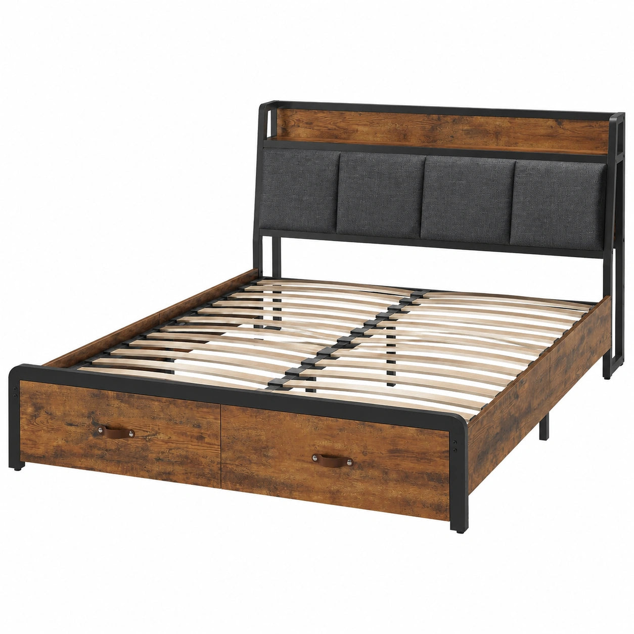 Multifunktionales 160x200 cm Metallbett mit Stauraum und Ladestation in Schwarz und Vintage-Braun