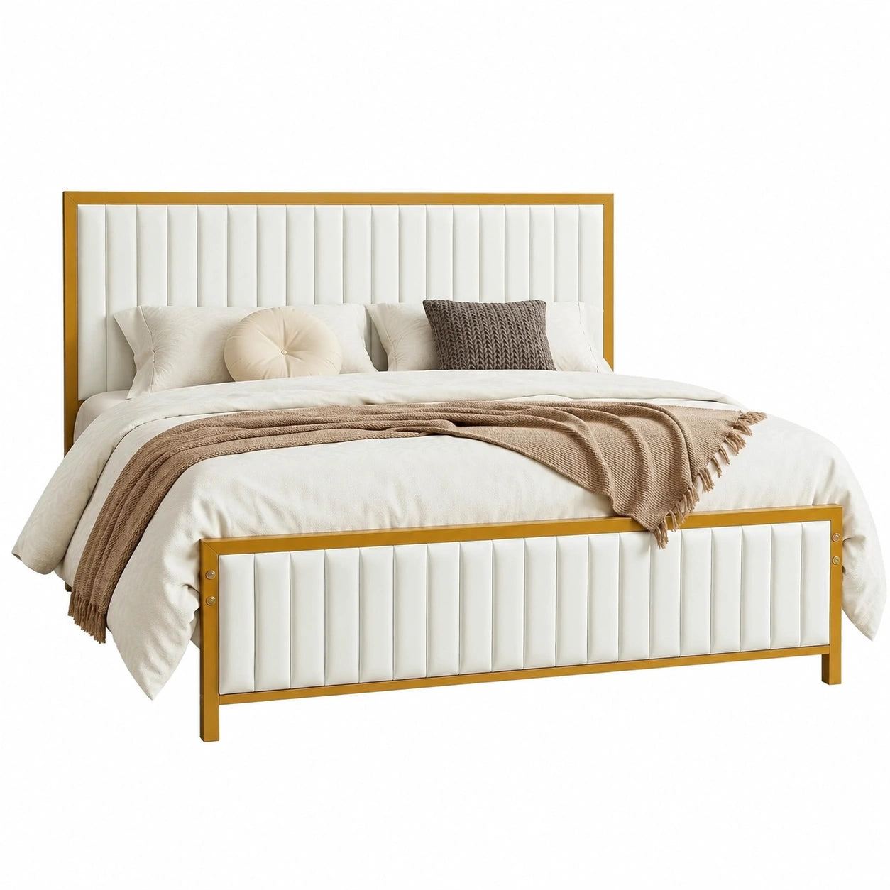 VECELO Metall-Doppelbettgestell 140x200cm mit Polster-Kopf- und Fußteil, Integrierter Lattenrost, 32cm Stauraum, Beige