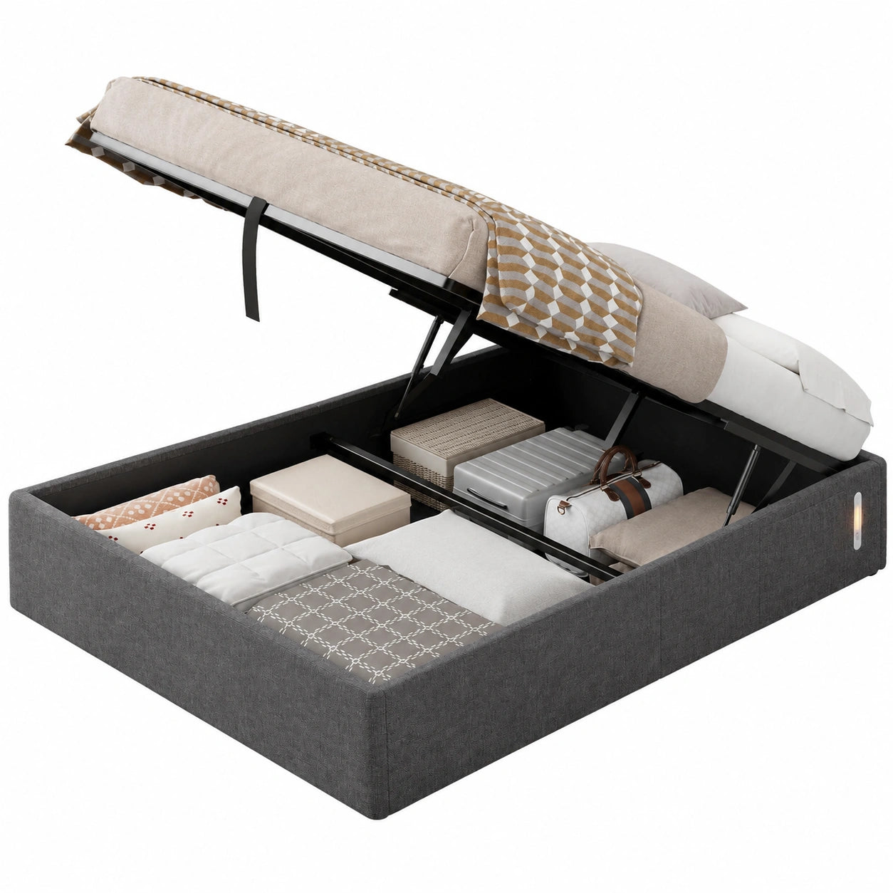 Hochwertiges Bett 140x200 cm mit Stauraum, LED-Licht und USB-Anschluss, geräuscharm, moderne Seitentasche, einfache Montage, kein Boxspring, Grau