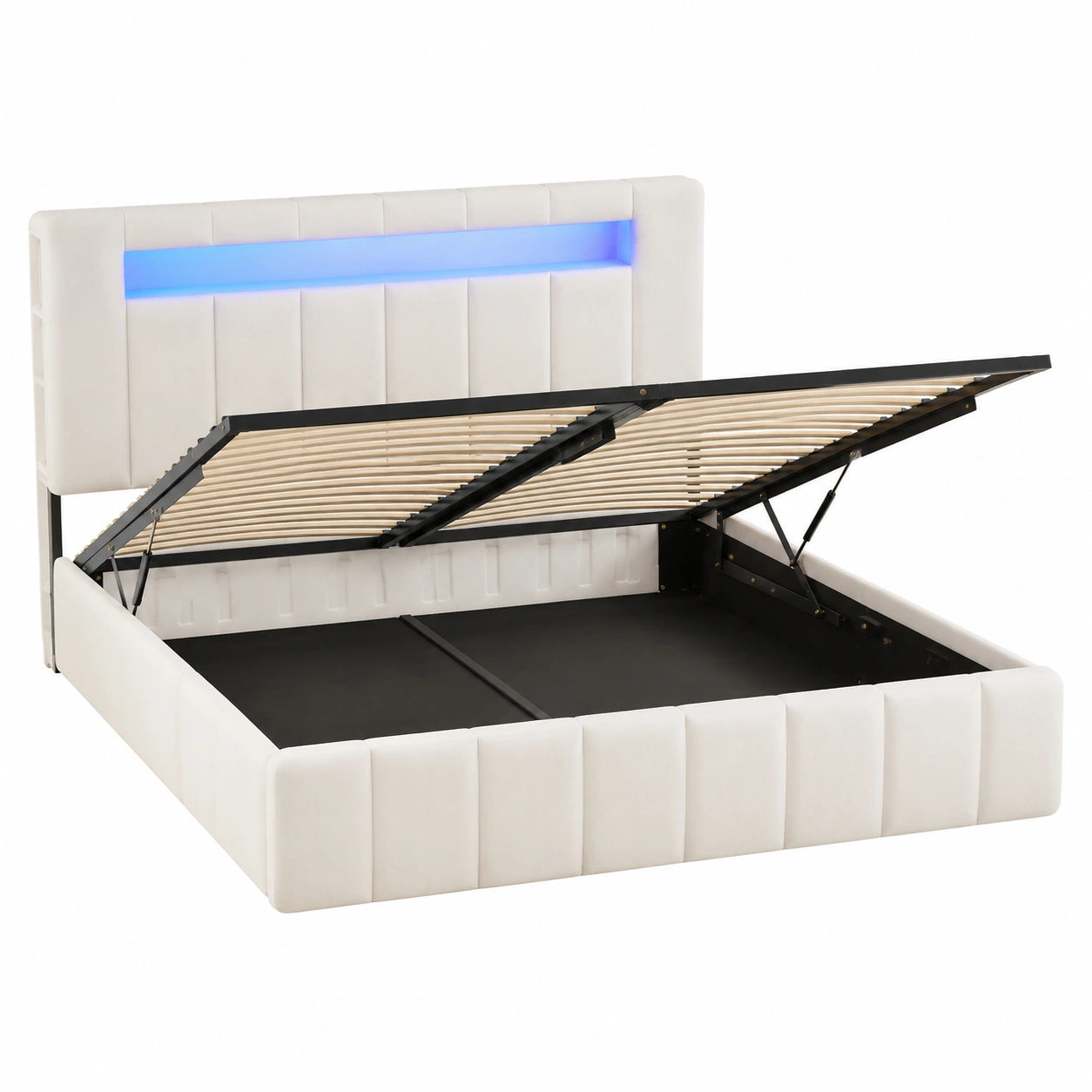 AOGLLATI Samt-Polsterbett 140x200 mit Stauraum, LED-Beleuchtung und Ladestation, hydraulisches Doppelbettgestell in Beige ohne Matratze