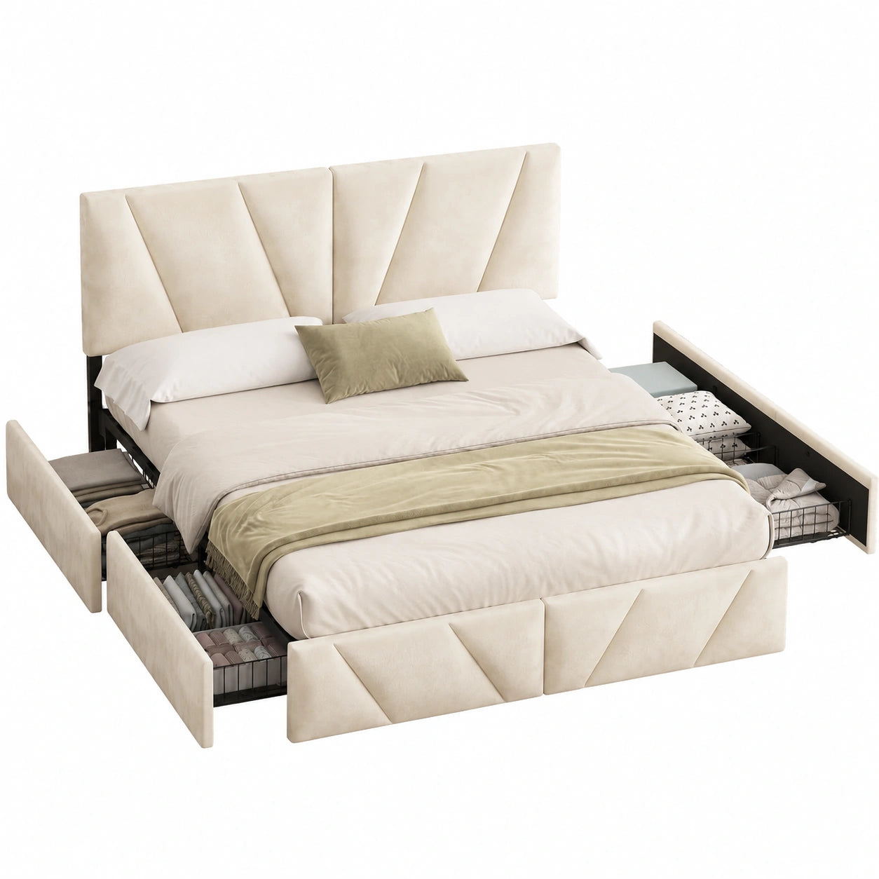 Luxus Doppelbett 160x200 aus Samt mit LED und Schubladen, verstellbares Kopfteil, Beige