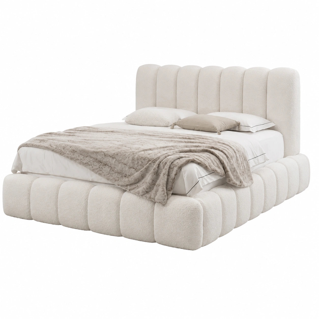 Elegantes Polsterbett Chloe mit Stauraum, 160x200 cm Doppelbett, Boxspring-Look, inklusive Lattenrost, Farbe Hellcreme