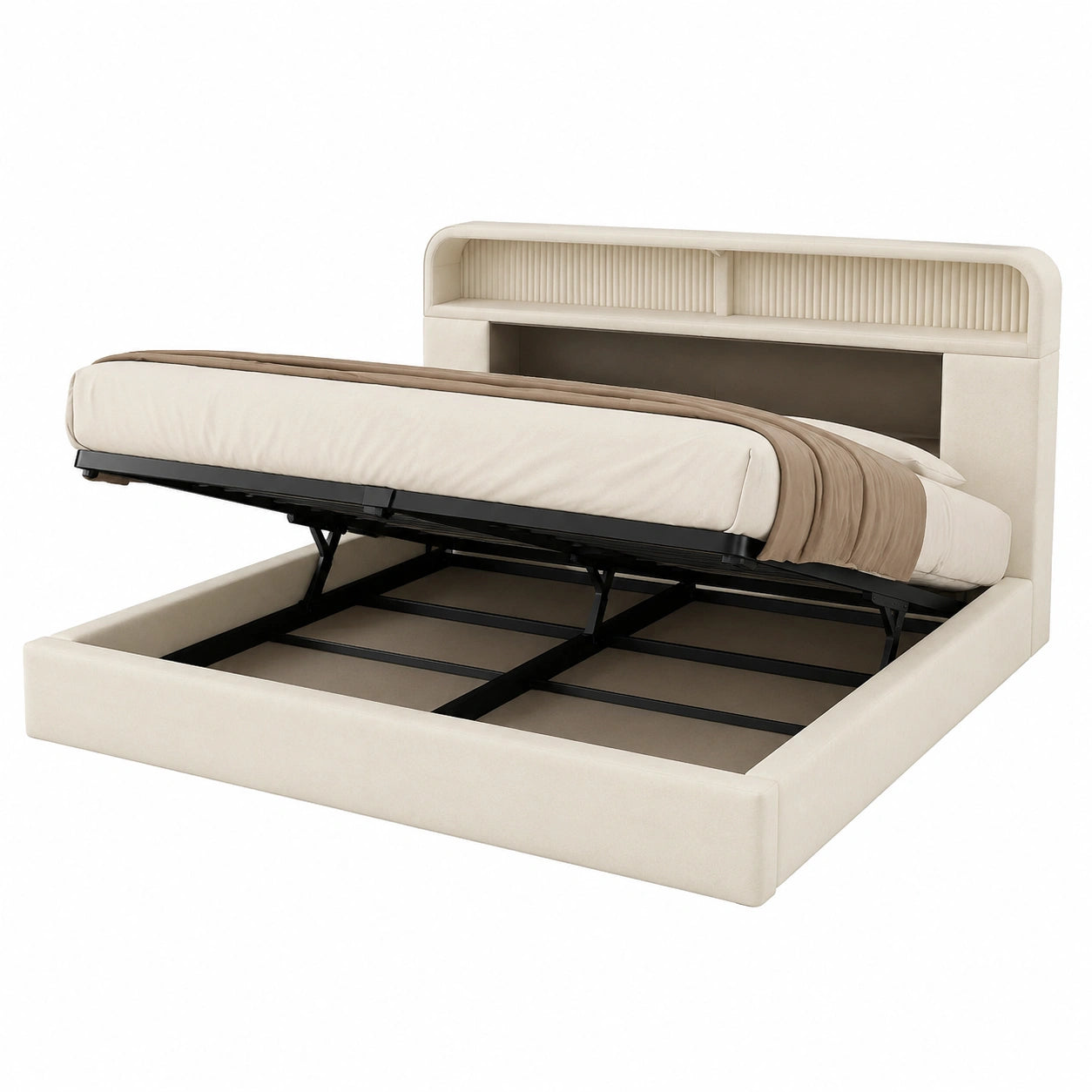 DEKKETO Samt-Boxspringbett 180x200 mit USB und LED, Stauraum und Lattenrost, Beige, ohne Matratze