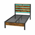 Einzelbett mit LED-Beleuchtung und USB-Anschluss, Metallrahmen & Holz-Kopfteil, Jugendbett mit Stauraum, Vintagebraun 90x200 cm