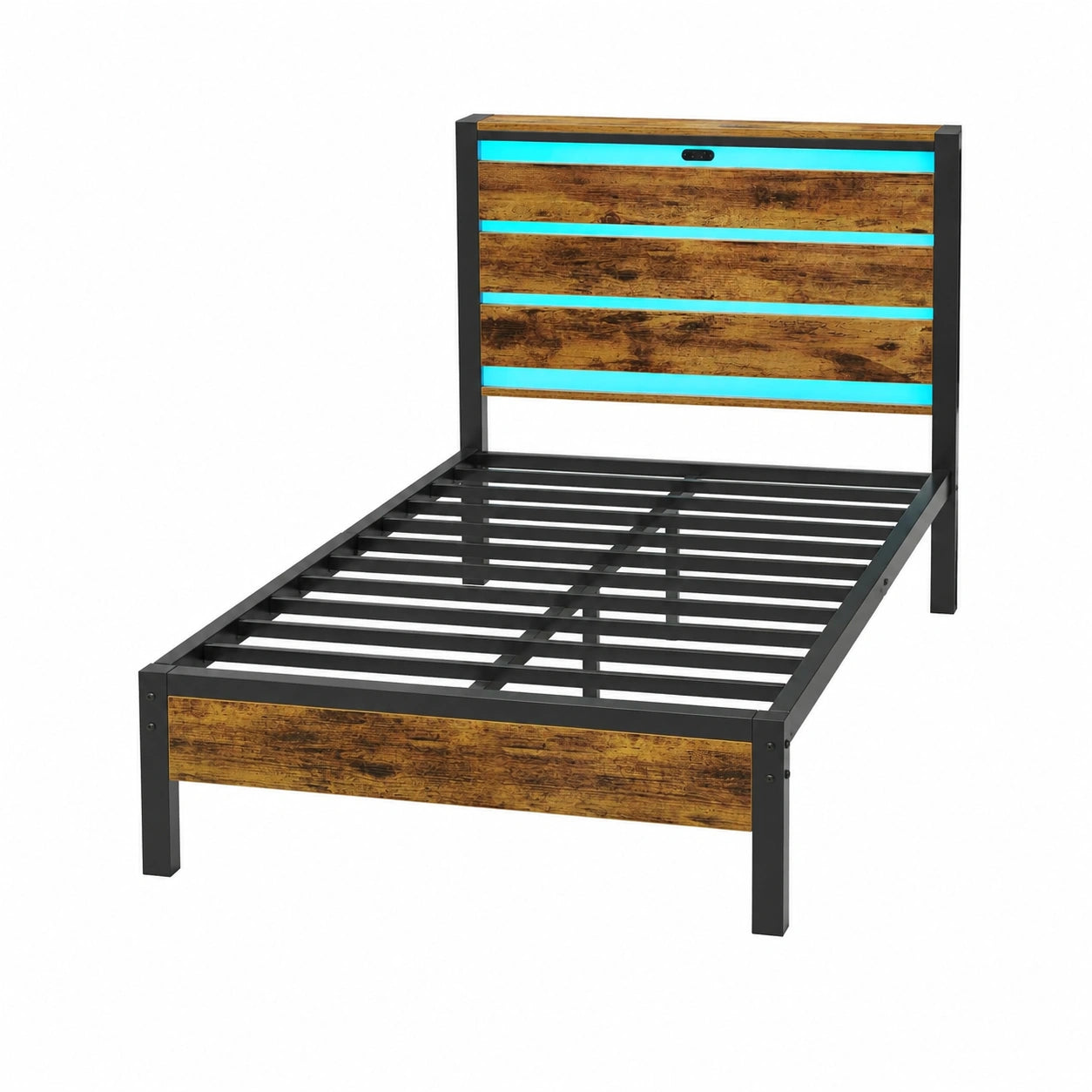 Einzelbett mit LED-Beleuchtung und USB-Anschluss, Metallrahmen & Holz-Kopfteil, Jugendbett mit Stauraum, Vintagebraun 90x200 cm