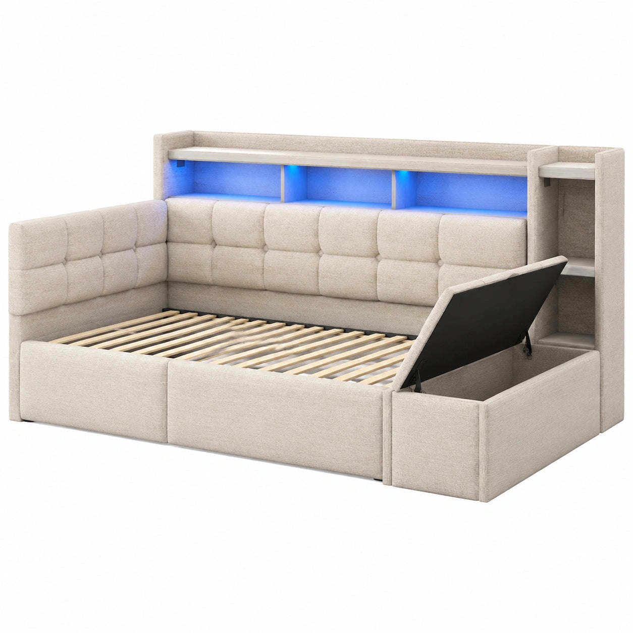 Multifunktionales Tagesbett 90x190cm, Schlafsofa mit Schubladen und USB-Typ-C-Anschlüssen, LED-Beleuchtung, Samt Grau